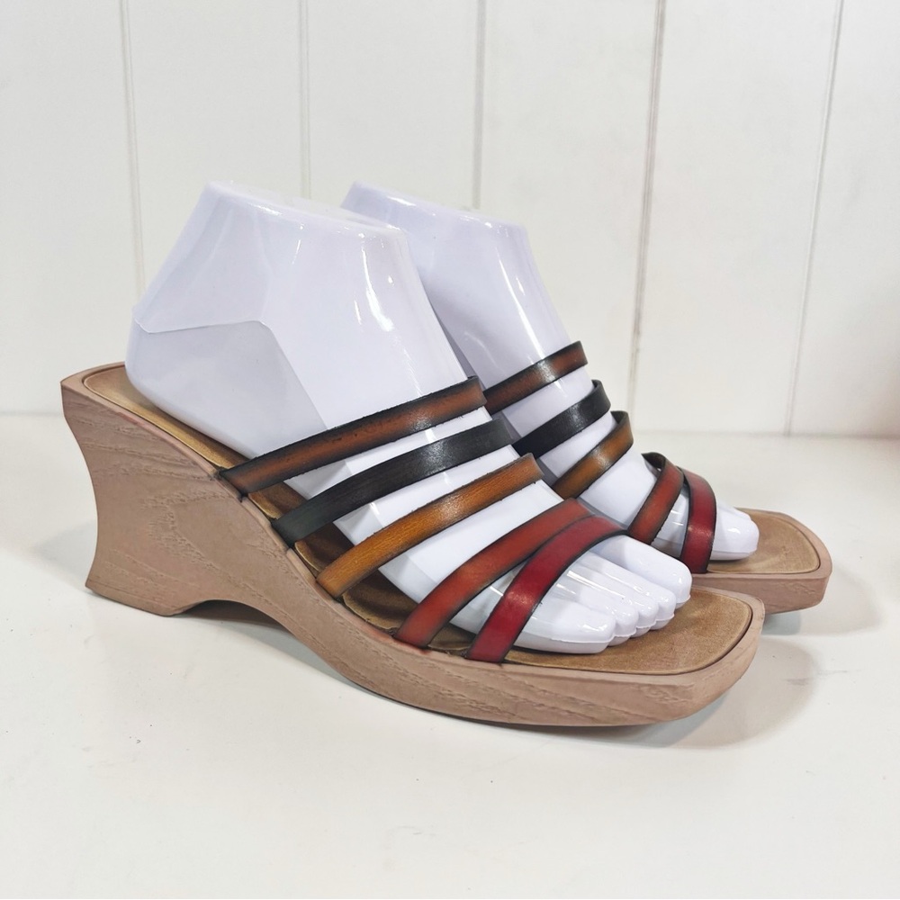 Vintage‎ Y2K Fashion Bug Multicolor Italian Leather Strappy Block Wedge Sandals